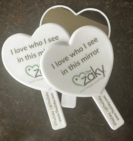 “I love who i see in this mirror” hand-held, heart shaped mirror (3 units)